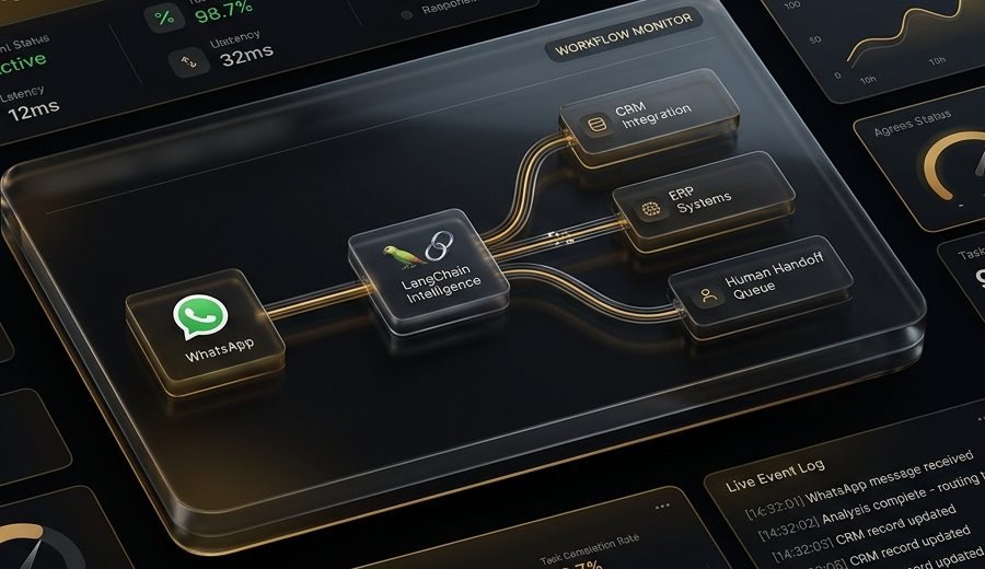 Agents and workflows in one view: requests flow from WhatsApp through the model layer to CRM, ERP and a human queue.