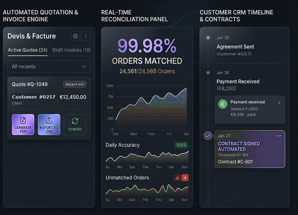 System dashboard: quotes and invoices, order reconciliation, customer timeline and contracts