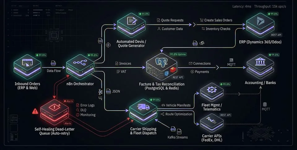 Order pipeline diagram: incoming orders, quotes, invoicing and reconciliation, accounting, delivery