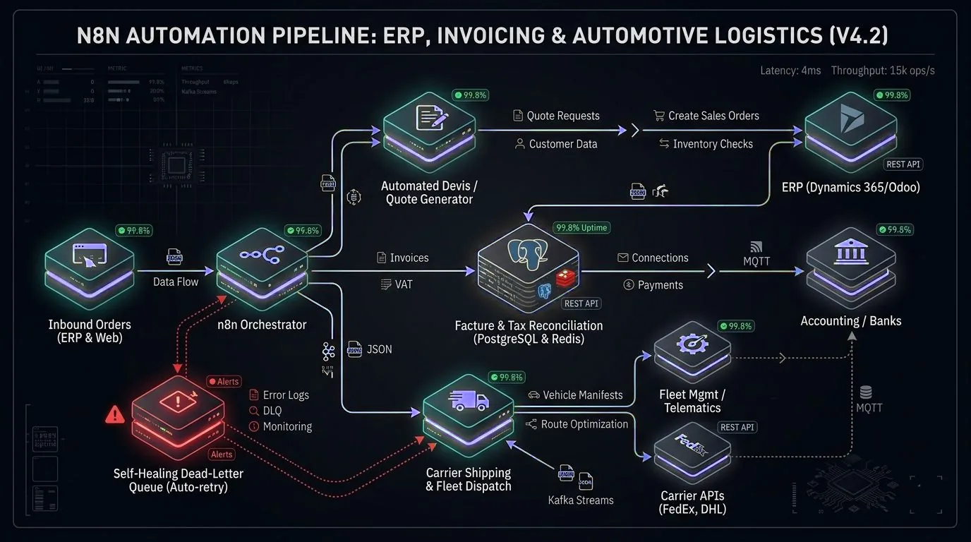 Order pipeline diagram: incoming orders, quotes, invoicing and reconciliation, accounting, delivery