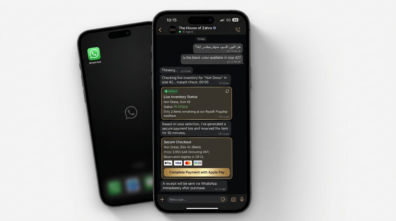 What the customer sees: stock check, reservation and secure checkout inside one WhatsApp thread.